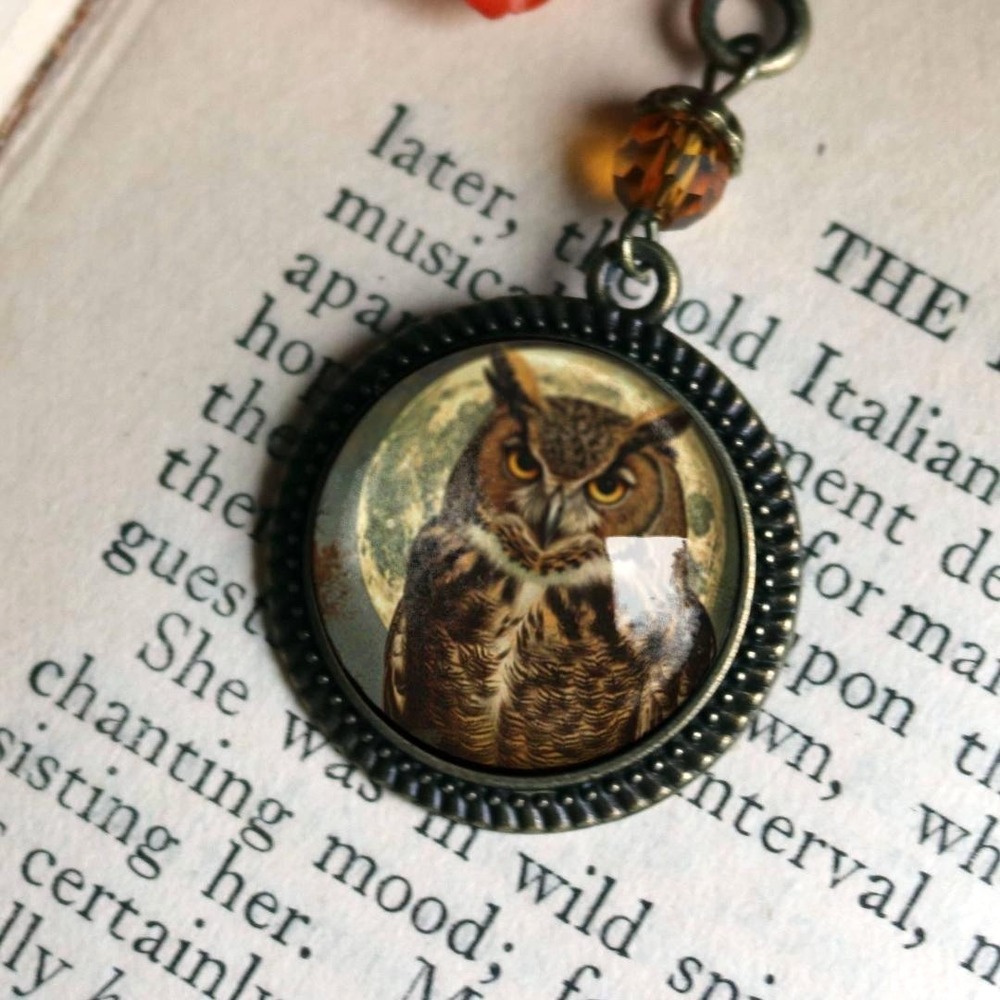 Victorian Owl Bookmark‎ - Halloween - Vintage Bronze & Glass Cabochon Book Hook